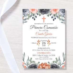 Elegant salmon coloured First Communion in Spanish Invitation