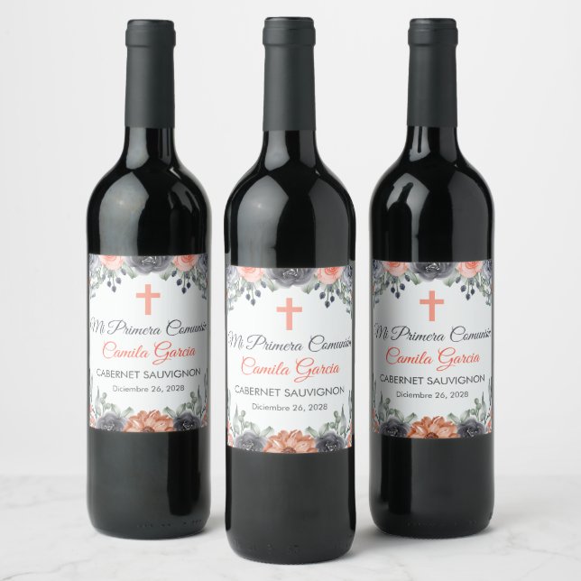 Elegant salmon coloured First Communion in Spanish Wine Label (Bottles)
