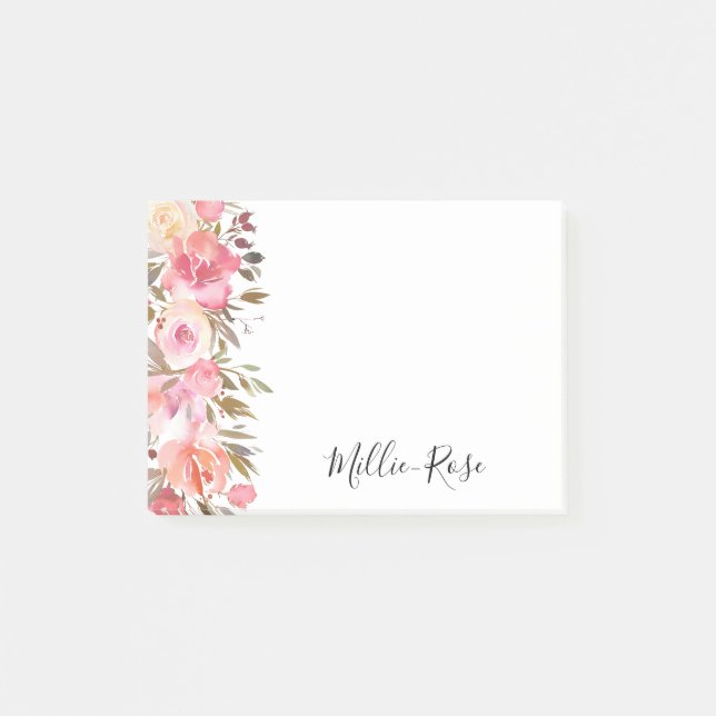 Elegant Salmon Pink Floral Name Post-it Notes (Front)