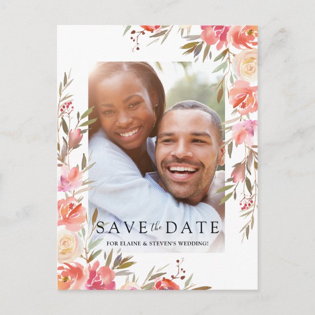 Elegant Salmon Pink Floral Photo Save the Date Announcement Postcard (Front)