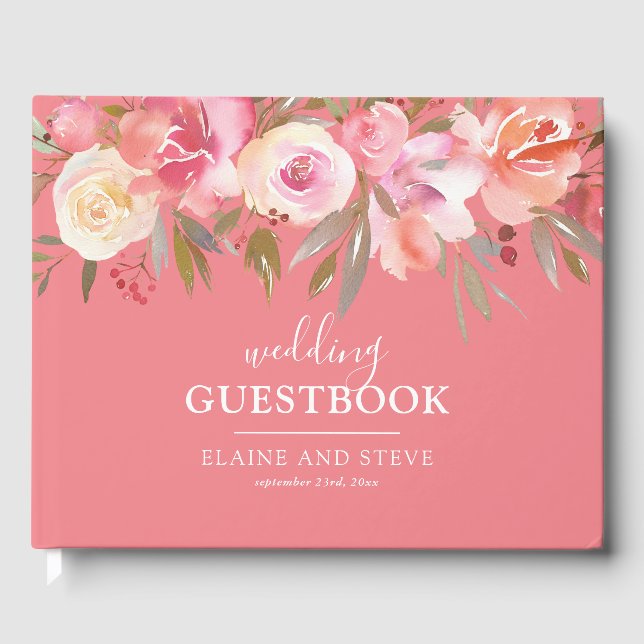 Elegant Salmon Pink Floral Watercolor Wedding Guest Book (Front)