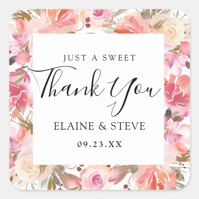 Elegant Salmon Pink Floral Wedding Favour Square Sticker (Front)