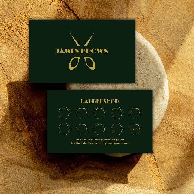 Elegant Salon Green and Gold Barbershop Loyalty Card (Elegant Salon Green and Gold Barbershop Loyalty Card)