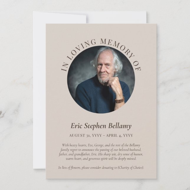 Elegant Sand & Brown In Loving Memory Announcement (Front)