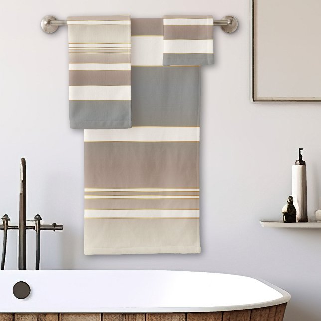 Elegant Sandy Beach Striped Pattern Bath Towel Set (Striped bathroom towel set in a variety of beige and grey with ivory and tiny gold printed lines)