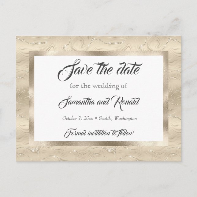 Elegant Sandy Gold Faux Foil Wedding Save the date Announcement Postcard (Front)