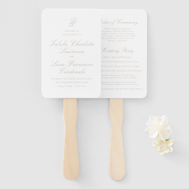 Elegant Sandy Neutral Traditional Wedding Program Hand Fan (Front and Back)
