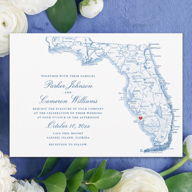 Elegant Sanibel Island Florida Map Wedding Invitation (Elegant Sanibel Island Florida Wedding Invitations in navy blue from Coastal Map Designs)