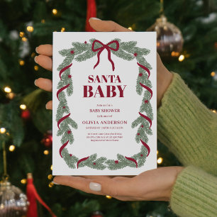 Elegant Santa Baby Red Bow Baby Shower Invitation
