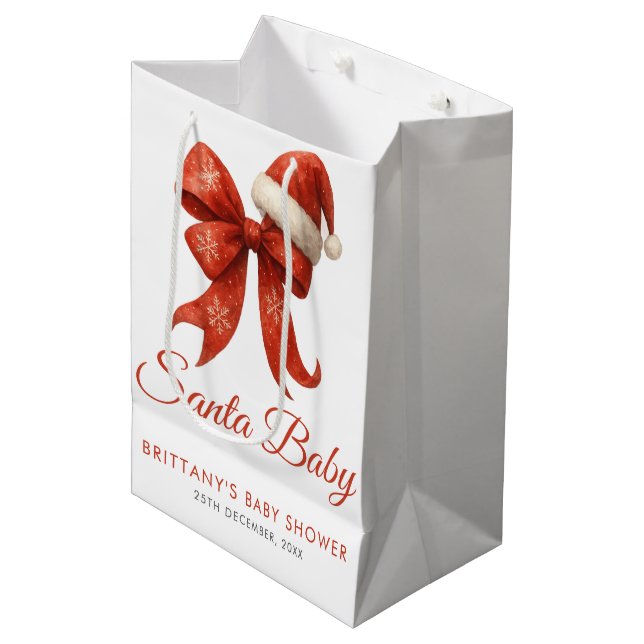 Elegant Santa Baby Shower Red Bow Christmas Medium Gift Bag (Front Angled)