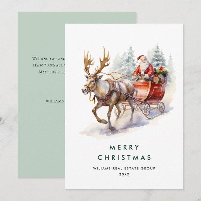 Elegant Santa Claus Christmas Deer Corporate Holiday Card (Front/Back)