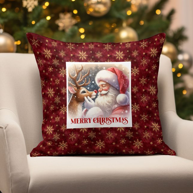 Elegant Santa Claus Rudolph Cute Classic Christmas Cushion (simple classic watercolor santa claus,
santa claus reindeer rudolph,
rudolph red nosed deer xmas,
wa)