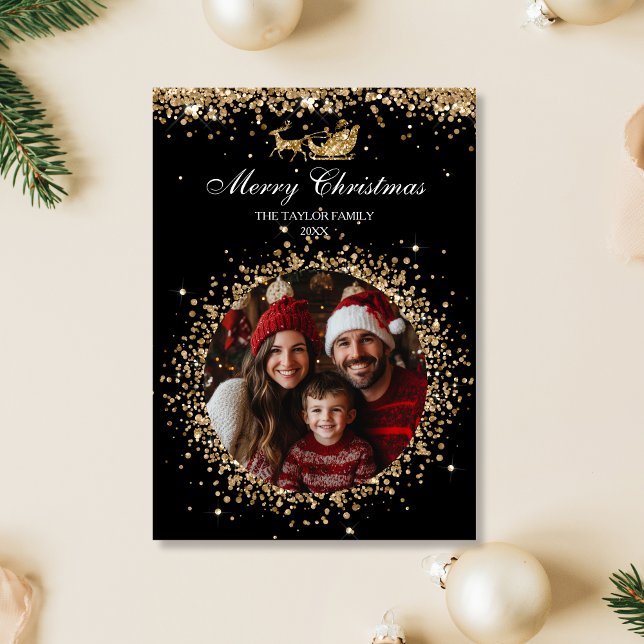 Elegant Santa Gold Glitter Christmas Tree Photo Invitation (Creator Uploaded)