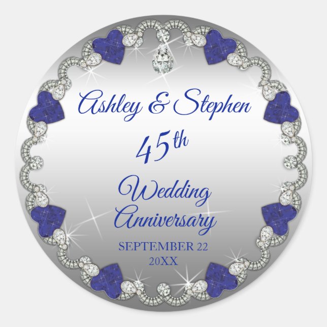 Elegant Sapphire and Diamonds  45th Anniversary Classic Round Sticker (Front)