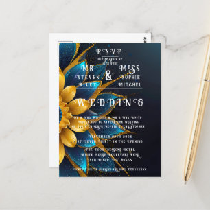 Elegant Sapphire and Gold Floral Wedding  Postcard