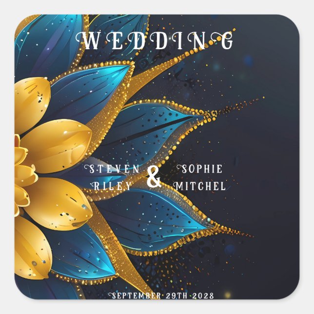 Elegant Sapphire and Gold Floral Wedding Square Sticker (Front)