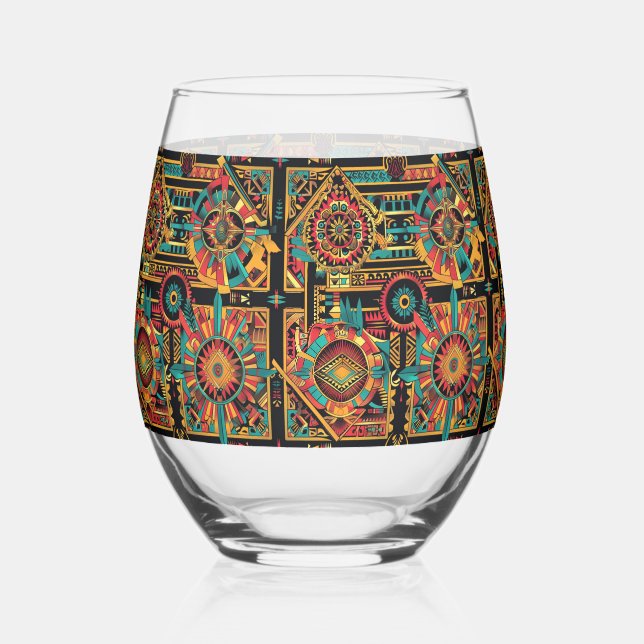 Elegant Sapphire "Aztec Dream" Stemless Wine Glass (Front)