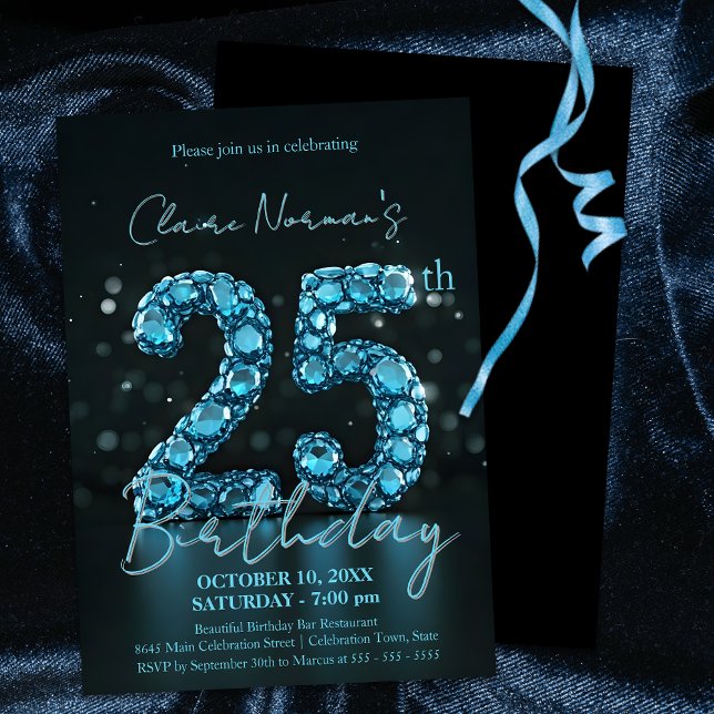 Elegant Sapphire Blue and Black 25th Birthday Invitation (Creator Uploaded)