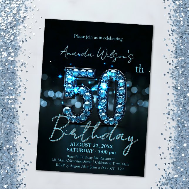 Elegant Sapphire Blue and Black 50th Birthday Invitation (Creator Uploaded)