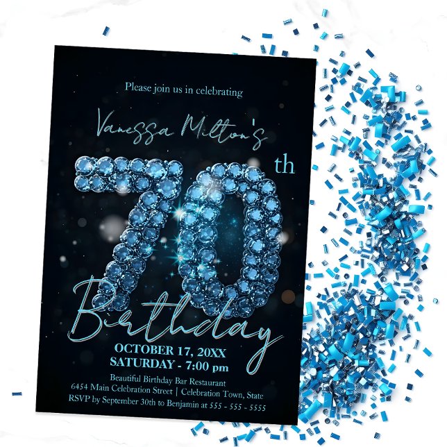 Elegant Sapphire Blue and Black 70th Birthday Invitation (Creator Uploaded)