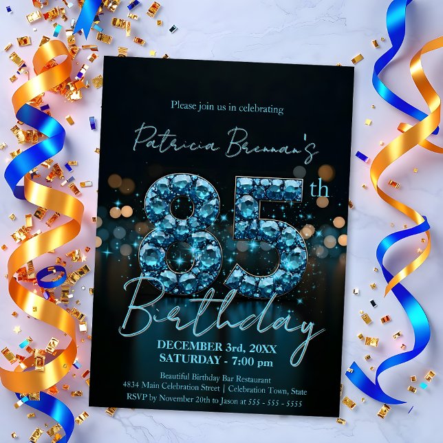 Elegant Sapphire Blue and Black 85th Birthday Invitation (Creator Uploaded)
