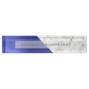 Elegant Sapphire Blue Brushed Metal White Marble Nameplate