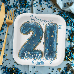 Elegant Sapphire Blue & Gold 21st Birthday Paper Plate