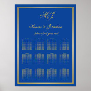 Elegant Sapphire Blue Gold Monogram Frame Seating Poster