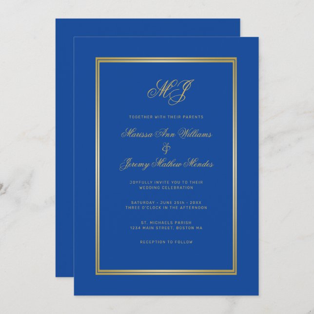 Elegant Sapphire Blue Gold Monogram Script Wedding Invitation (Front/Back)