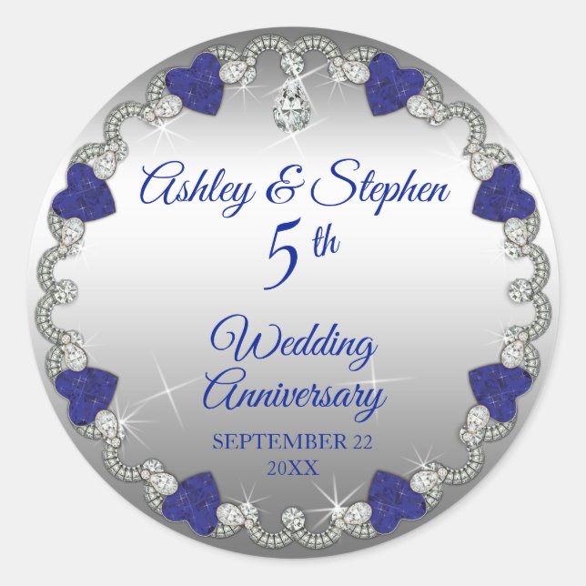Elegant Sapphire Diamonds 5th Wedding Anniversary Classic Round Sticker (Front)