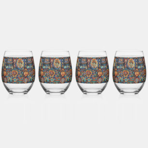 Elegant Sapphire "Pre-Columbian Tapestry" 16oz Win Stemless Wine Glass