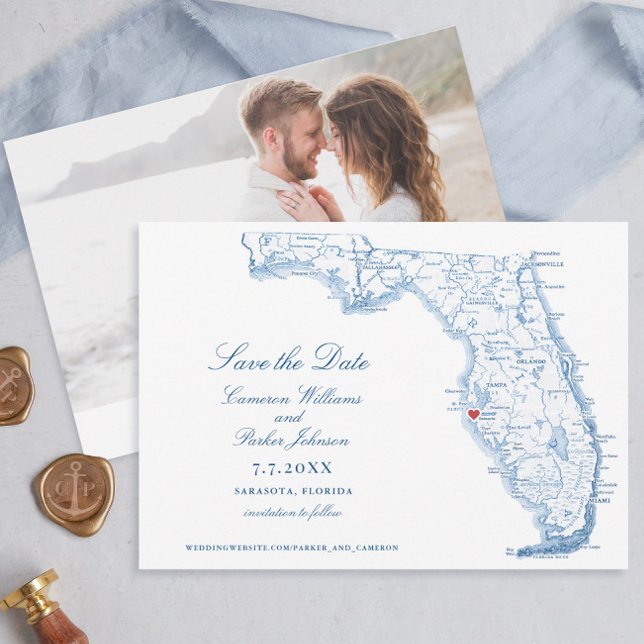 Elegant Sarasota Florida Wedding Navy Map Save The Date (Elegant Sarasota Florida Save the Date with navy blue map from Coastal Map designs
)