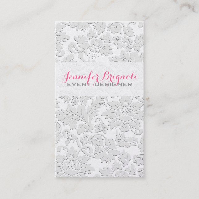 Elegant Satin White Floral Damasks Embossed Effect Business Card (Front)
