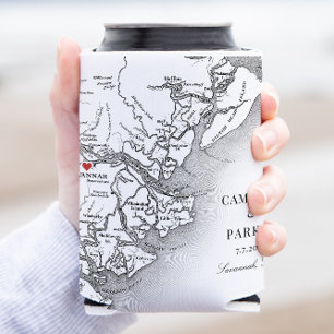 Elegant Savannah Georgia Map Black White Wedding Can Cooler