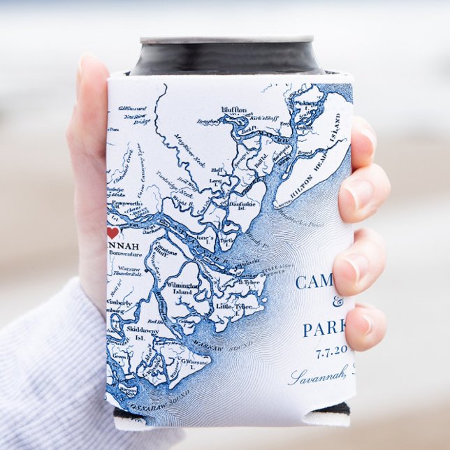 Elegant Savannah Georgia Map Navy Blue Wedding Can Cooler (Elegant Savannah Georgia Map can coozie classic navy blue wedding favor from Coastal Map Designs)