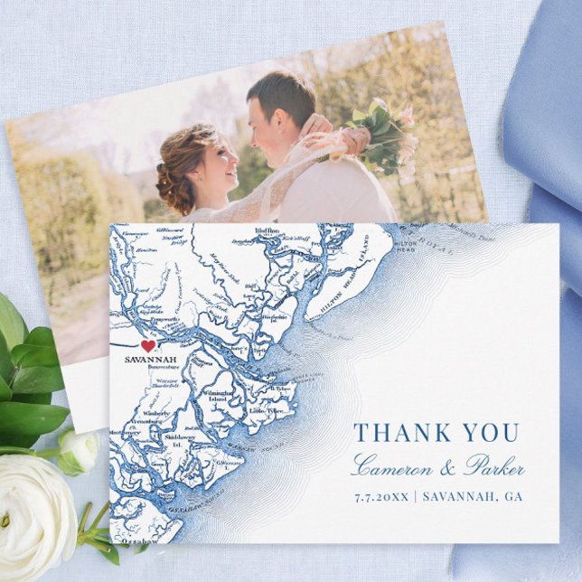 Elegant Savannah Georgia Wedding Photo Flat  Thank You Card (Elegant Savannah Georgia Wedding Photo thank you cards with navy blue map from Coastal Map Designs)