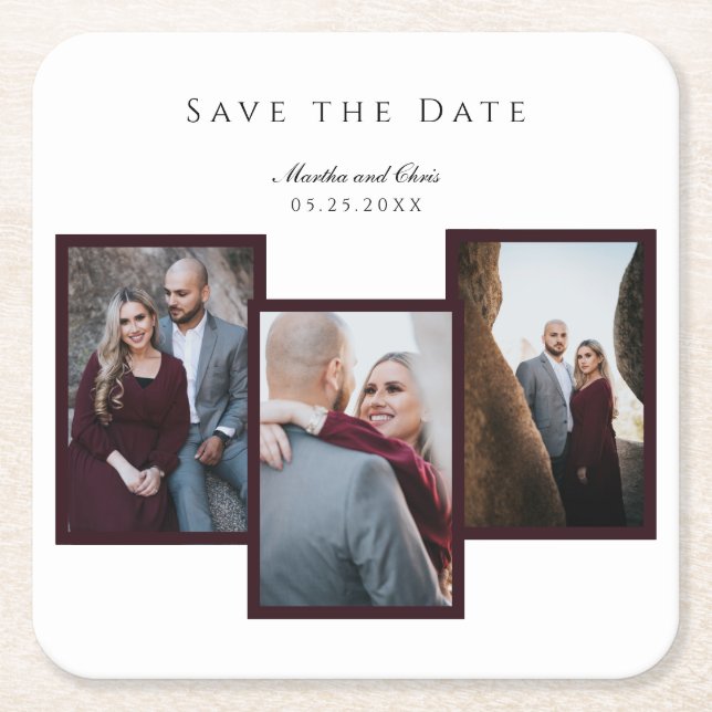 Elegant Save the Date 3 Photo Collage Red Chic Square Paper Coaster (Front)