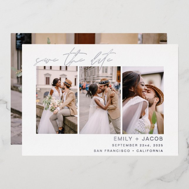 Elegant Save the Date 4 Photo Minimalist Silver (Front/Back)