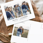 Elegant Save the Date 4 Photo White Lettered  Announcement Postcard<br><div class="desc">Modern and Elegant Photo Save the Date Wedding Card. The save the date invitation card includes white typography and chic and simple design on a white background that you can add your customised engagement photograph picture to.</div>