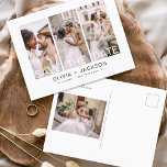 Elegant Save the Date 4 Photo White Lettered  Announcement Postcard<br><div class="desc">Modern and Elegant Photo Save the Date Wedding Card. The save the date invitation card includes white typography and chic and simple design on a white background that you can add your customised engagement photograph picture to.</div>