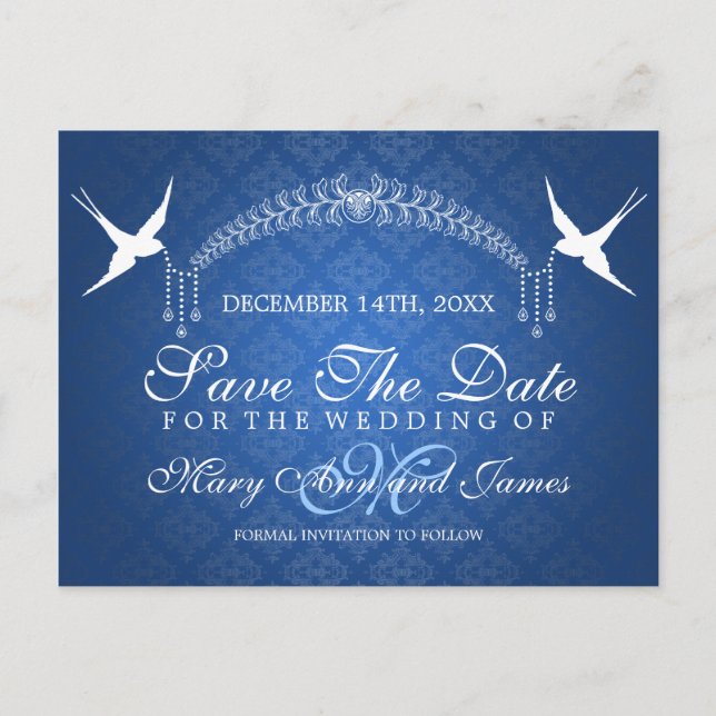 Elegant Save The Date Birds Monogram Blue Announcement Postcard (Front)