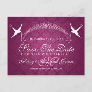 Elegant Save The Date Birds Monogram Pink Postcard