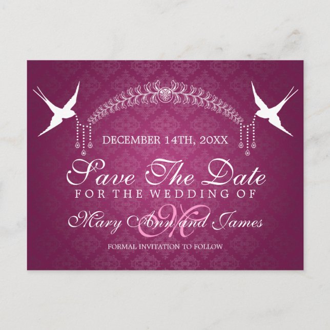 Elegant Save The Date Birds Monogram Pink Postcard (Front)