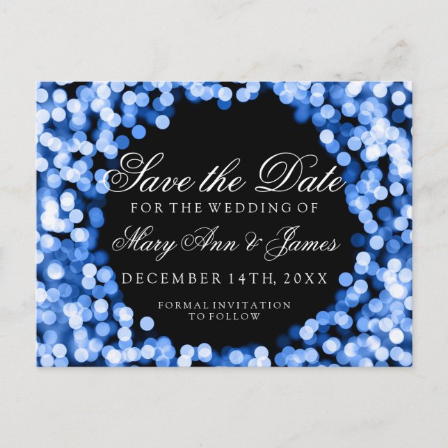 Elegant Save The Date Blue Sparkly Lights Announcement Postcard (Front)