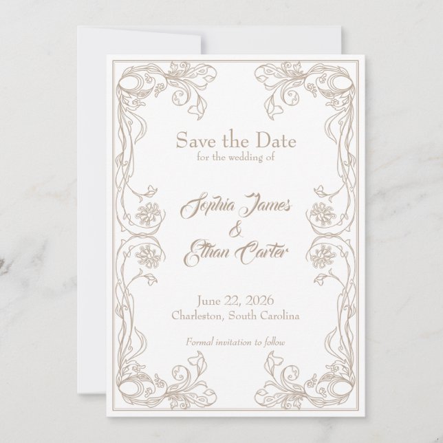 Elegant Save the Date Card – Sand Rose Filigree (Front)