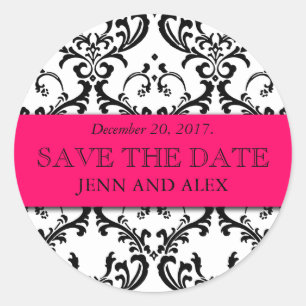 Elegant Save the Date Damask Stickers Hot Pink