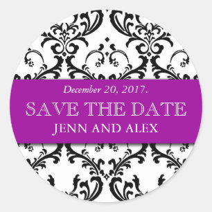 Elegant Save the Date Damask Stickers Purple