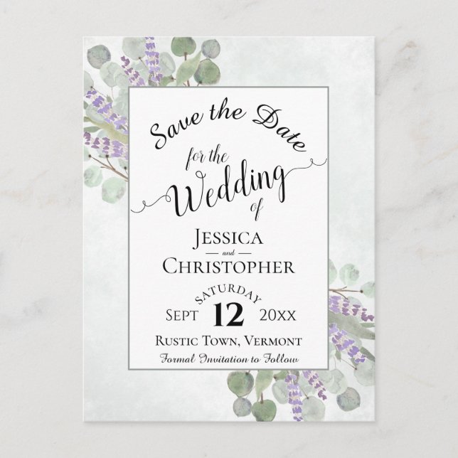 Elegant Save the Date Eucalyptus & Lavender White Announcement Postcard (Front)