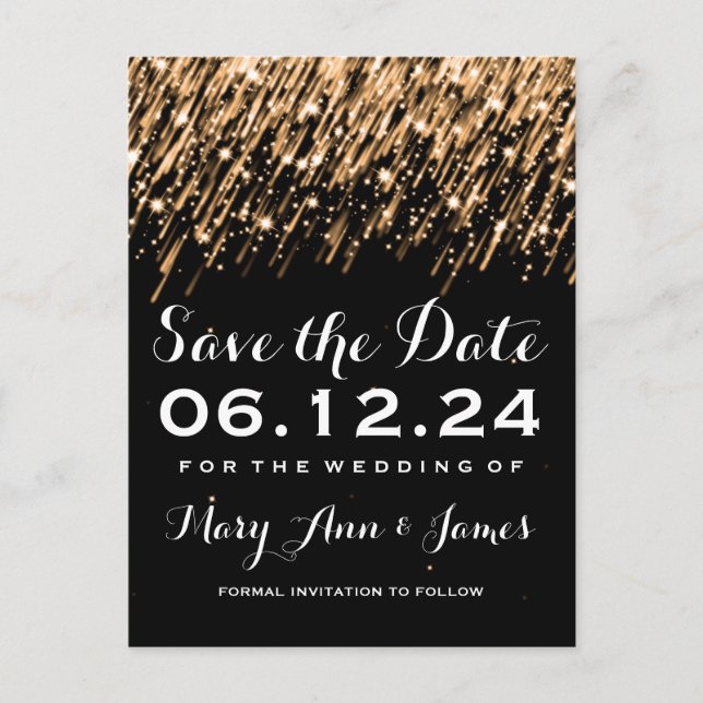 Elegant Save The Date Falling Stars Gold Announcement Postcard (Front)