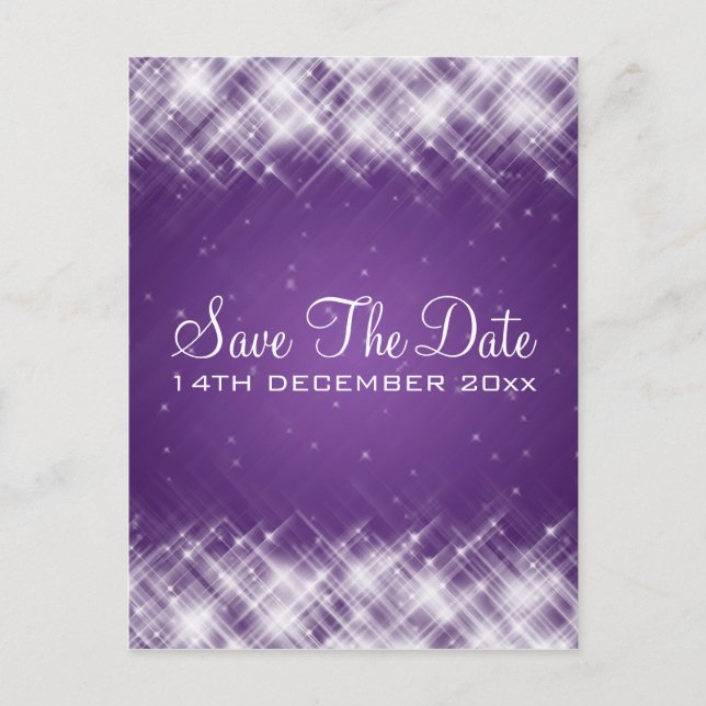 Elegant Save The Date Glamourous Sparks Purple Announcement Postcard (Front)